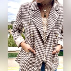Entro Blazer Jacket Women LG Cream/Tan Houndstooth Easter Spring Office Lined